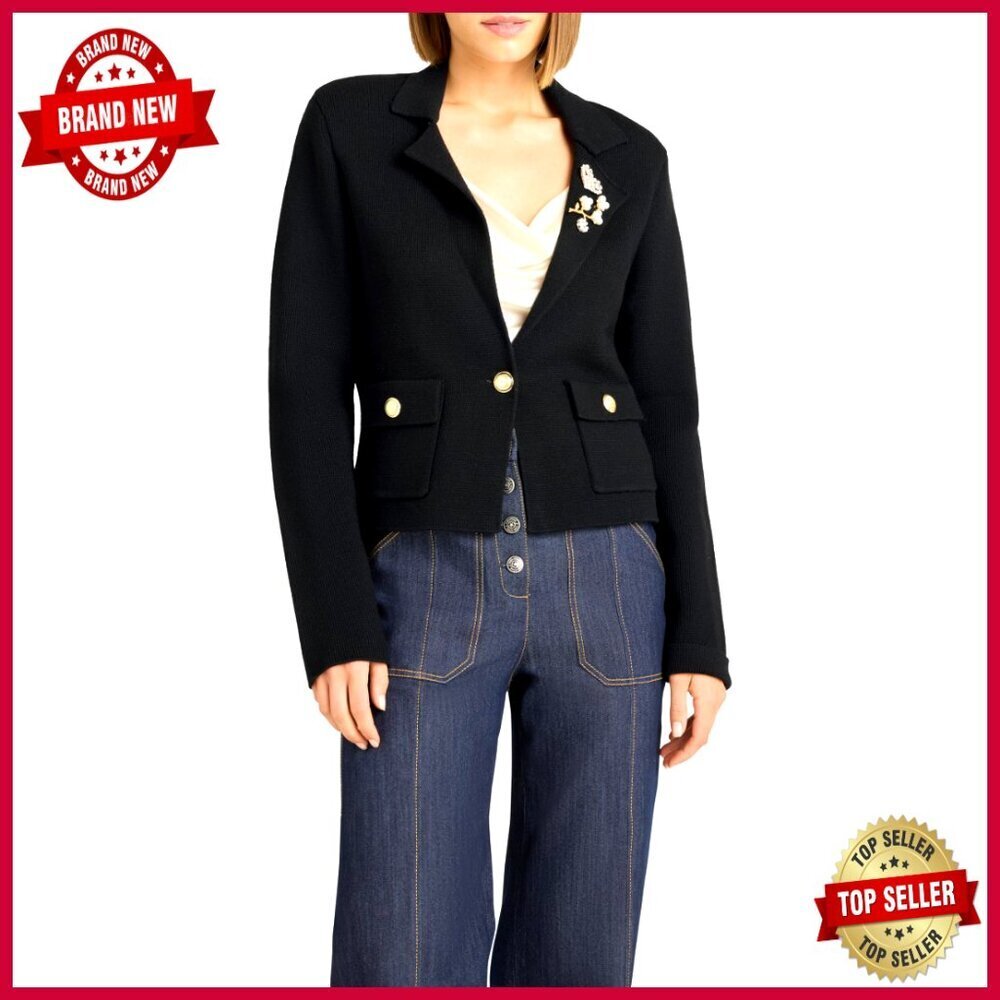 Cropped Knit Blazer with Brooch Embellishment, Dry Clean Only